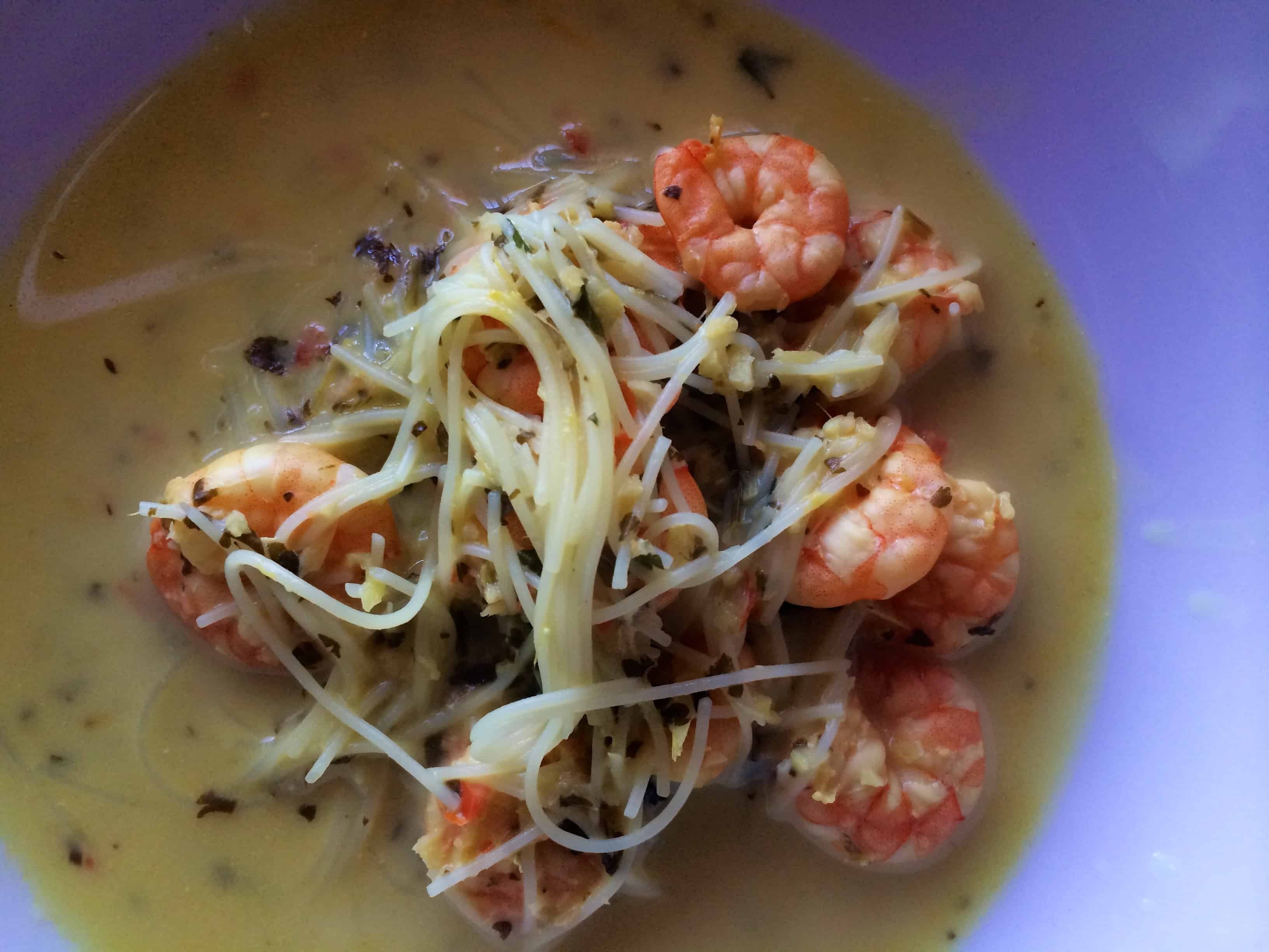 Delicious soup with Thai flavours, prawns and noodles
