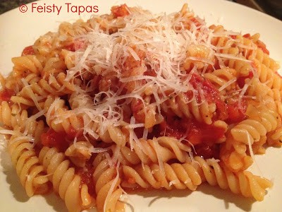 Pasta with chorizo in a tomato sauce