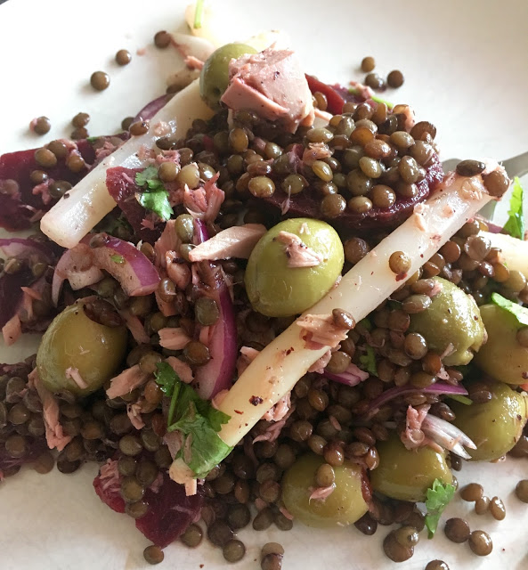 Fusion Puy Lentil Salad (includes Instant Pot instructions) with olives, tuna, pomegranate molasses... adapt to your taste