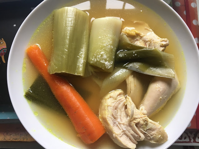 Instant Pot Chicken, Leek and Carrot soup - a delicious soup that is low carb and super easy with homemade, pressure cooked chicken stock, by Feisty Tapas