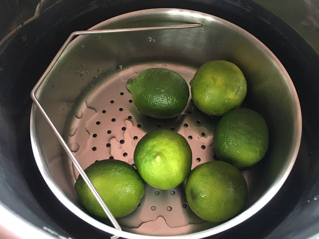 Quick Lime Pickle - Instant Pot, Thermomix, pressure cooker and conventional methods - Limes in the Instant Pot in the Kuhn Rikon Trio Separator steamer basket insert