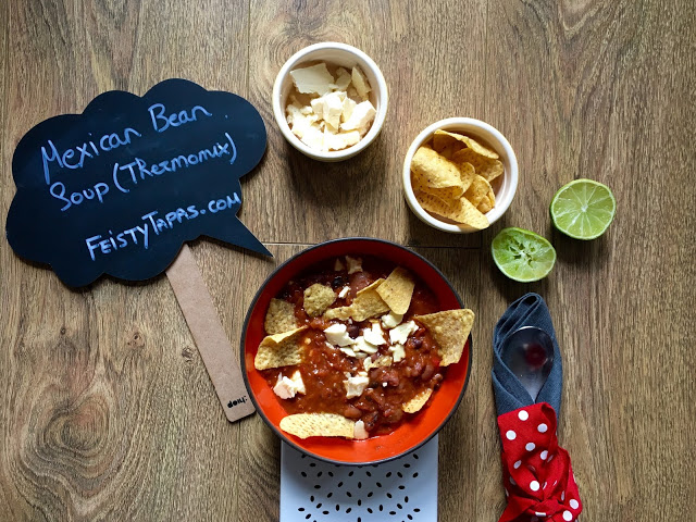 Julie’s Thermomix Mexican Bean Soup served with tortilla chips, fresh lime wedges and wensleydale cheese
