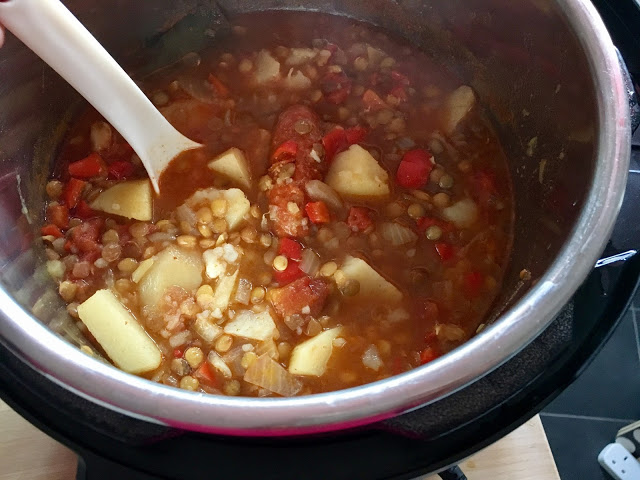 Quick and easy Instant Pot Spanish Lentil Soup (Lentejas) with green lentils, vegetables, paprika