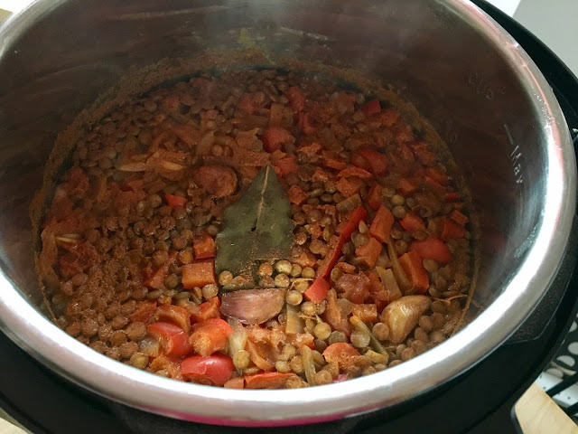 Quick and easy Instant Pot Spanish Lentil Soup (Lentejas) with green lentils, vegetables, paprika