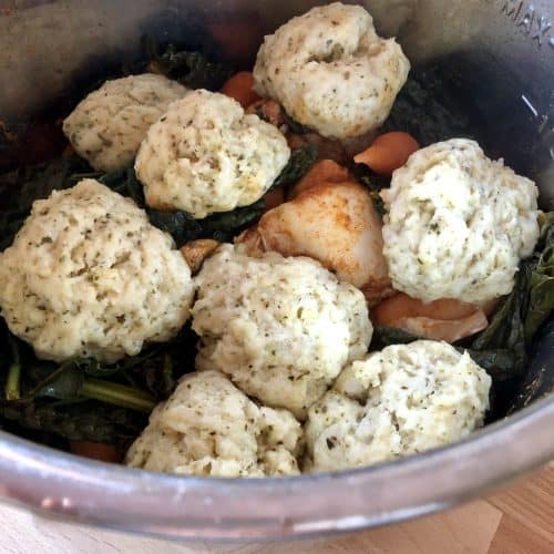 Instant Pot Chicken Stew with Suet-Free Dumplings ready to eat still in the Instant Pot DUO's stainless steel inner pot