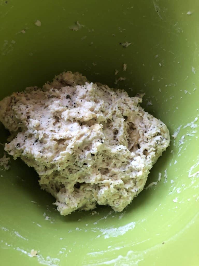 Dumpling mix for Instant Pot Chicken Stew with Suet-Free Dumplings recipe shown in a green mixing bowl