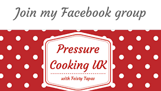 Pressure Cooking UK with Feisty Tapas Facebook group logo. Red background with the trademark Feisty Tapas white polka dots and the words Pressure Cooking UK with Feisty Tapas