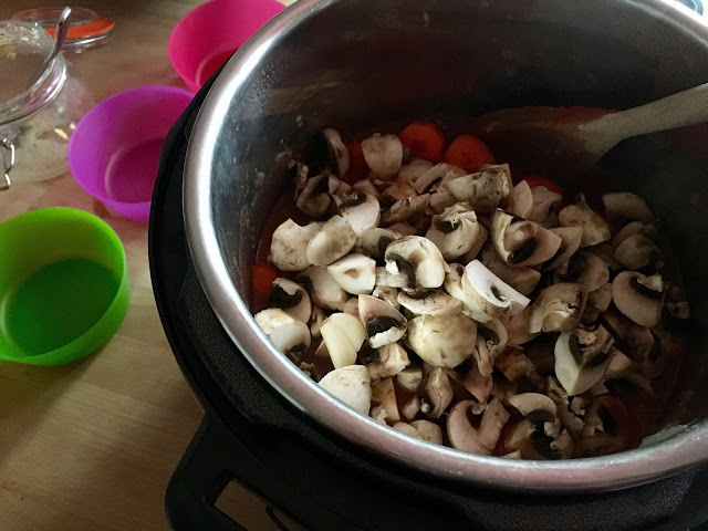 Feisty Tapas Instant Pot Pressure Cooker Chocolatey Beef Stew - step 2 mushrooms going in