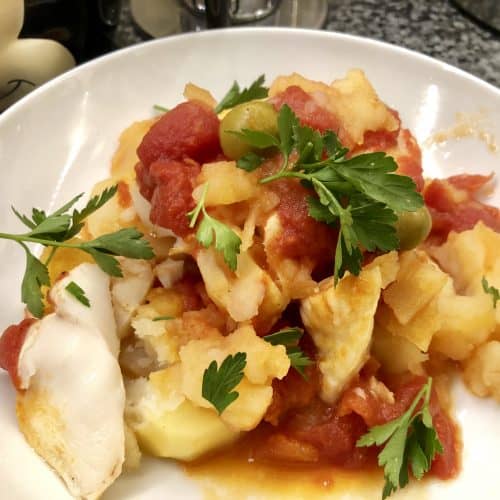 Instant Pot Fish and Potatoes in Tomato Sauce with Olives