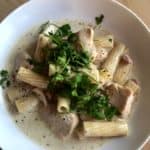 Delicious Instant Pot Chicken and Pancetta Rigatoni recipe by Feisty Tapas - served on a white plate