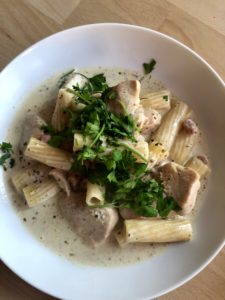 Delicious Instant Pot Chicken and Pancetta Rigatoni recipe by Feisty Tapas - served on a white plate