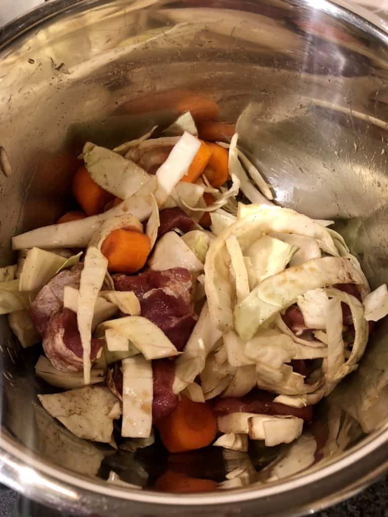 Instant Pot Pork and Cabbage recipe by Feisty Tapas - all ingredients in inner pot 