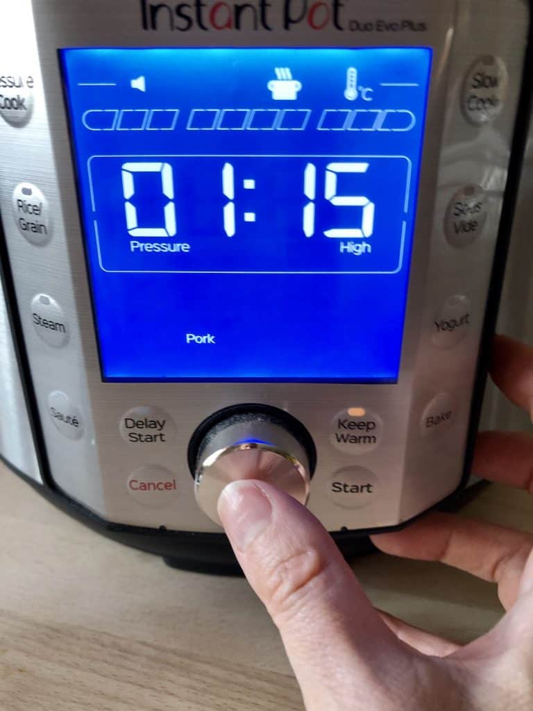 Time being programmed in Duo Evo Plus for Easy Instant Pot BBQ Pulled Pork recipe