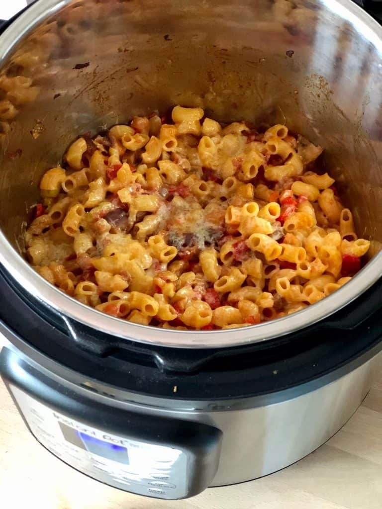 Instant Pot Ratatouille Pasta with cheesy top done with the air fryer lid of the Instant Pot Duo Crisp
