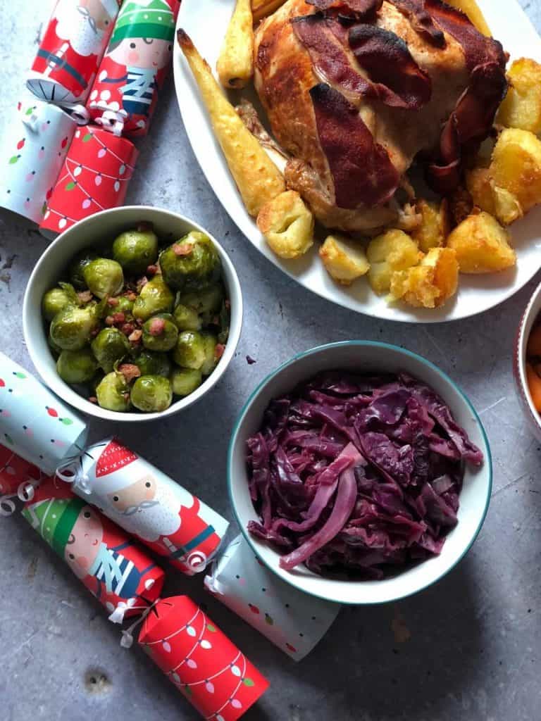 The Best Christmas recipes for your Instant pot or electric pressure cooker - free ebook - cover showing turkey crown, brussels sprouts, roast potatoes, red cabbage