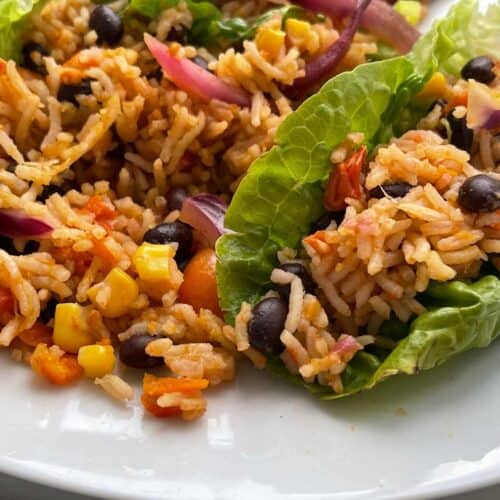 Pressure Cooker Mexican Rice served on a white plate, with green salad leaves underneath.