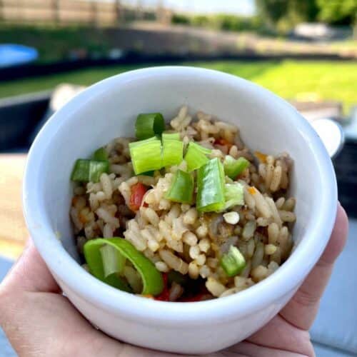 The green tops of the salad onions stand out on top of the Pressure Coooker Egg Fried Rice-ish, which is in a small bowl being held up by a hand with a sunny garden in the background