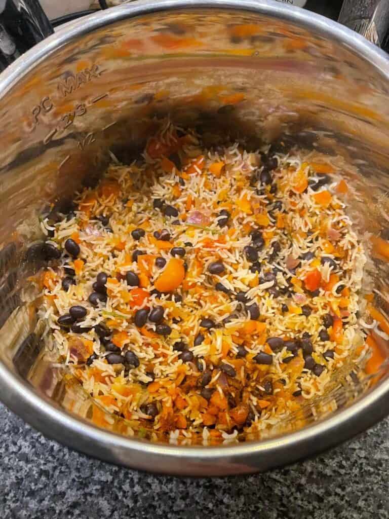 Pressure Coooker Mexican Rice in stainless steel inner pot just after pressure cooking
