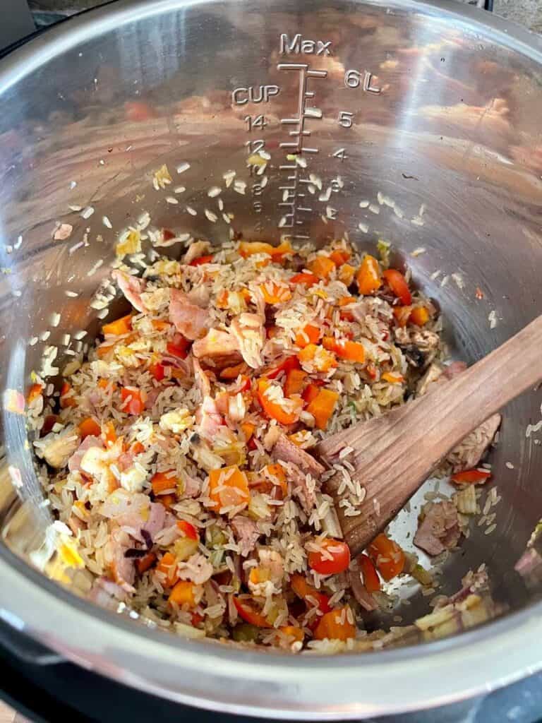 Pressure Cooker Egg Fried Rice-ish - rice and all ingredients apart from the water in the Instant Pot's stainless steel inner pot