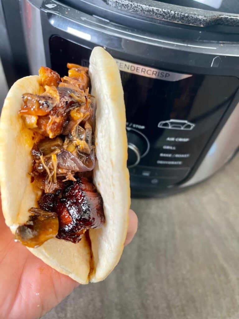 Oriental Pork Belly in the style of Babi Kecap served to in a bun from Earth and Wheat - with the Ninja Foodi Max multicooker in the background.jpg