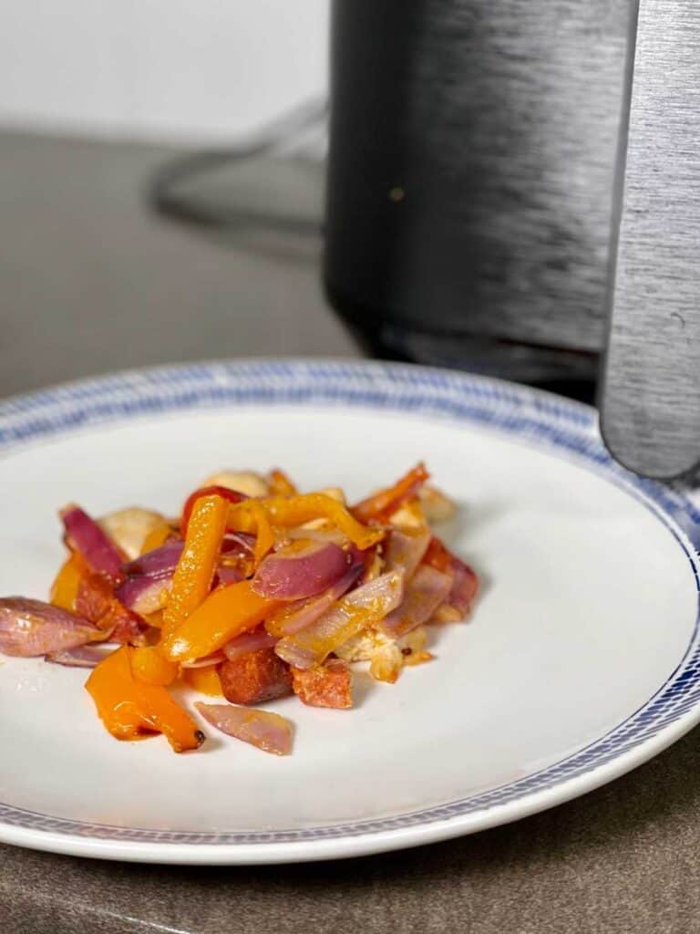 Airfryer Chicken and Chorizo recipe with Instant Vortex Air Fryer in the background