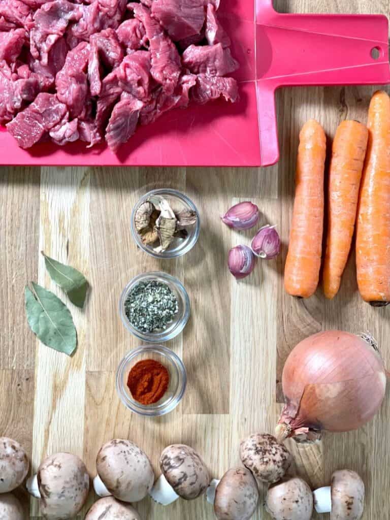 ingredients for Pressure Cooker Beef Stew and Dumplings before chopping and slicing