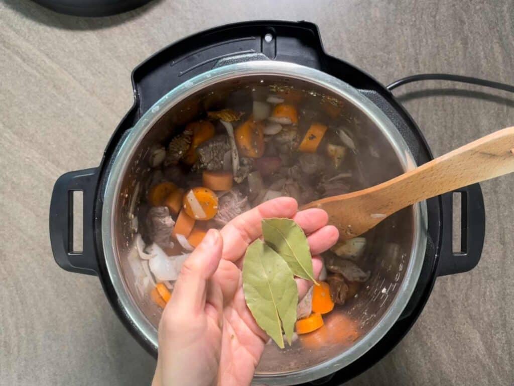 Hand seen from above holding 2 bay leaves to the camera above the Instant Pot Duo Plus stainless steel inner pot