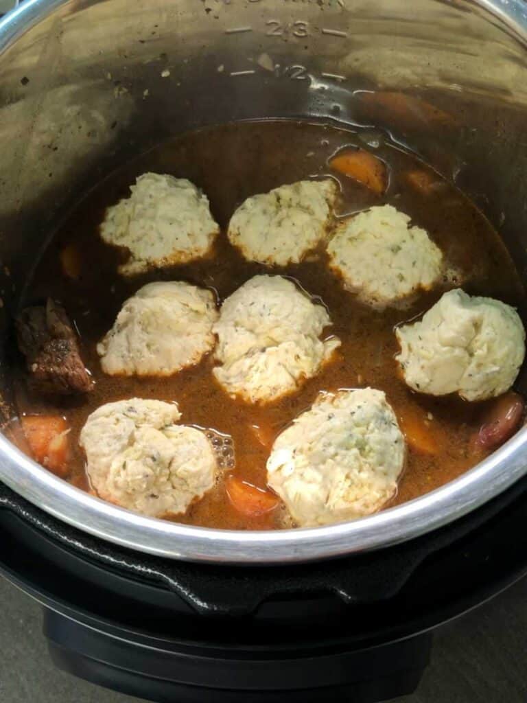 Beef stew seen from above topped with dumplings