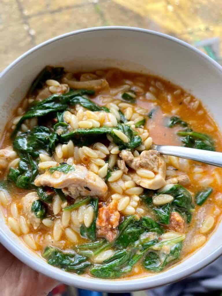 Instant Pot Chicken and Chorizo Orzo seen all colourful from above in a white bowl held by a hand with grass from a garden in the background