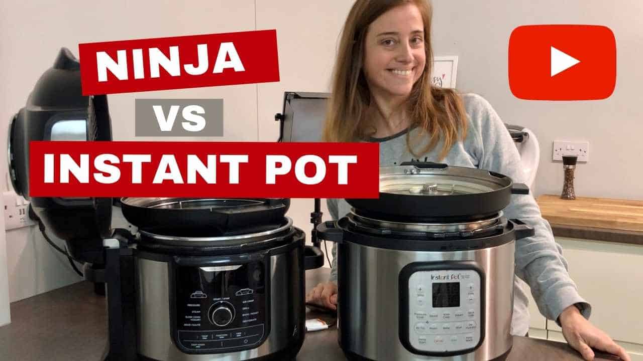 Ninja vs Instant Pot comparison video, Maria Bravo from Feisty Tapas posing behind the Ninja Foodi Max and the Instant pot duo crisp