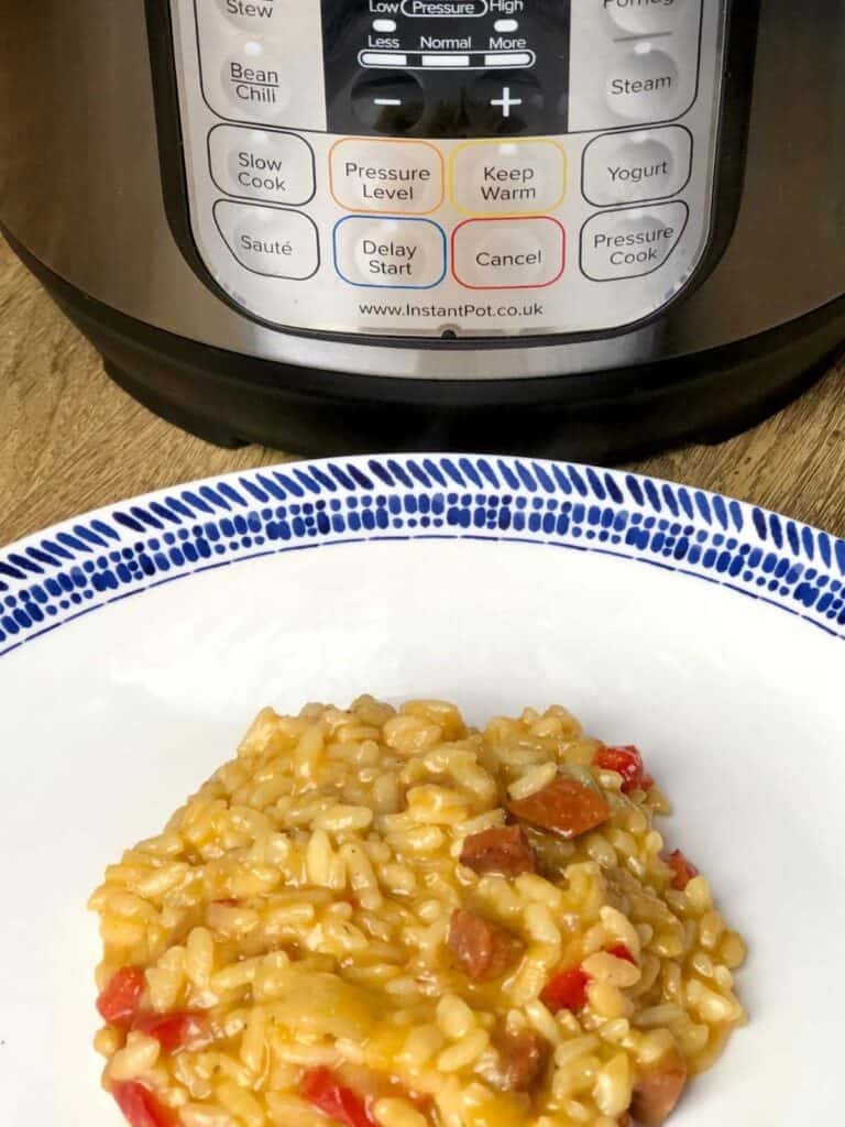 Chorizo risotto seen from above on a white plate with a blue trim with the Instant Pot Duo in the background