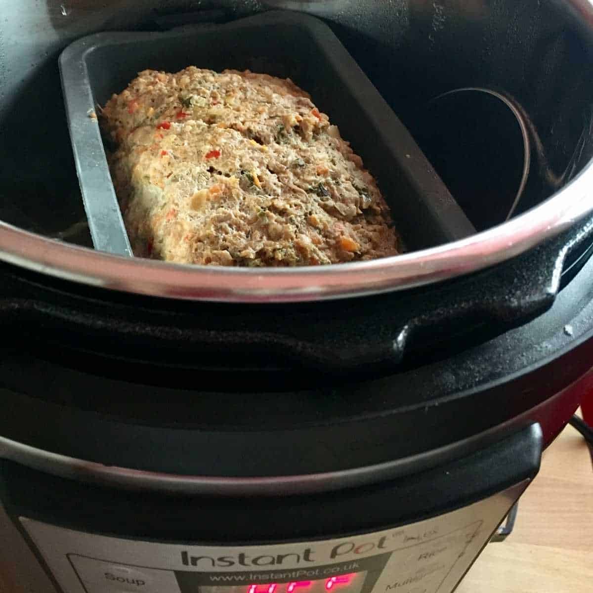 Instant Pot Meat Loaf seen from above inside an Instant Pot Lux multicooker - pressure cooker