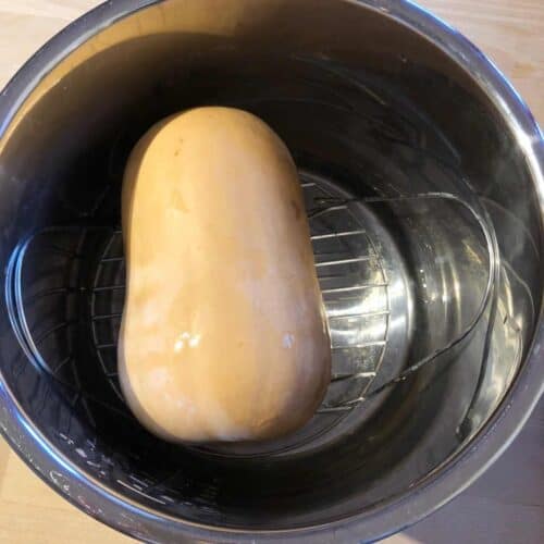 Whole Butternut Squash seen from above inside the Instant Pot stainless steel inner pot