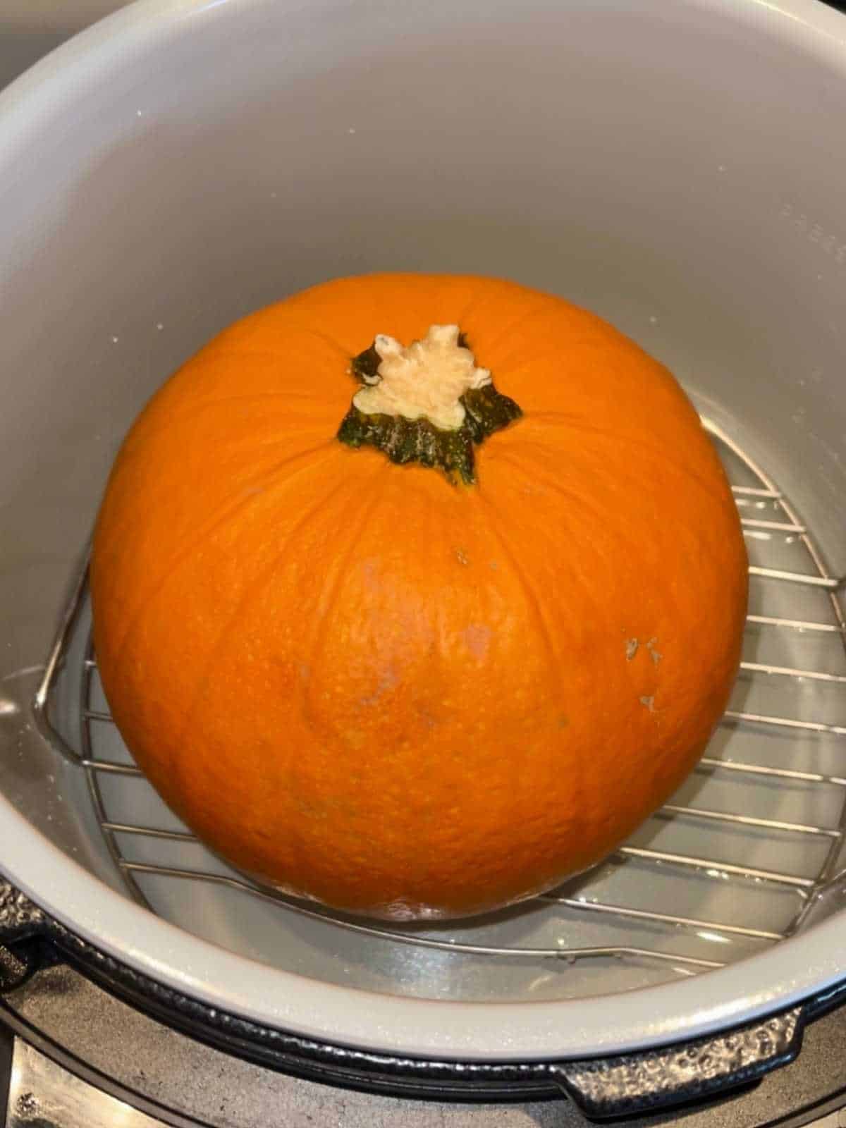 Photo of a whole pumpkin on the trivet inside a pressure cooker, seen from above
