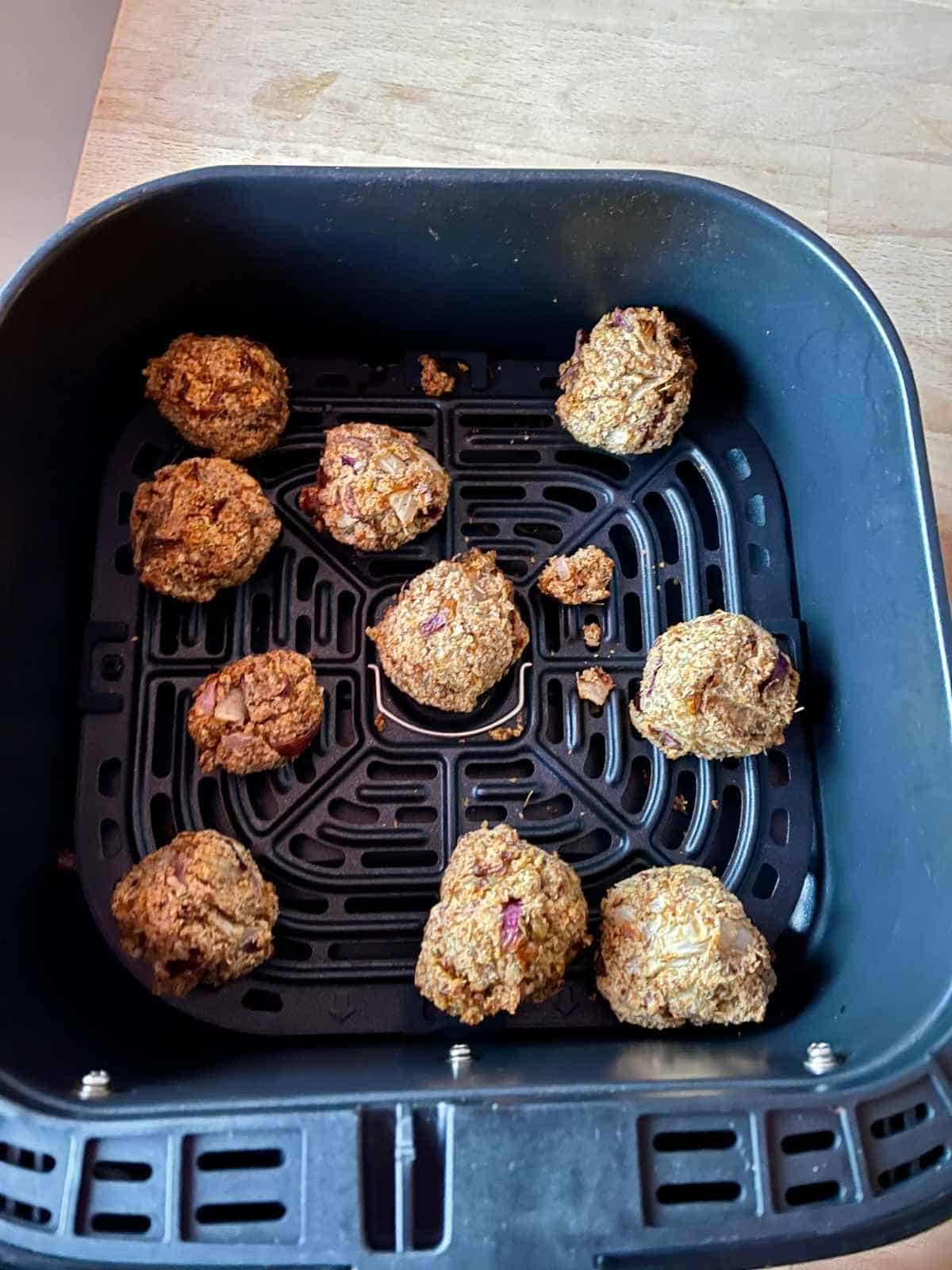 Cooked stuffing balls in an air fryer