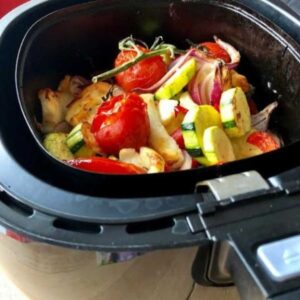Photo of Airfryer Roasted Mediterranean Vegetables with Halloumi Cheese seen inside the Philips Air Fryer's basket