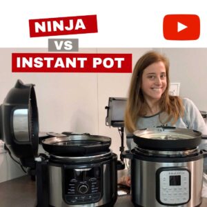 Photo of Maria Bravo smiling from behind a Ninja Foodi Max 9 in 1 and an Instant Pot Duo Crisp