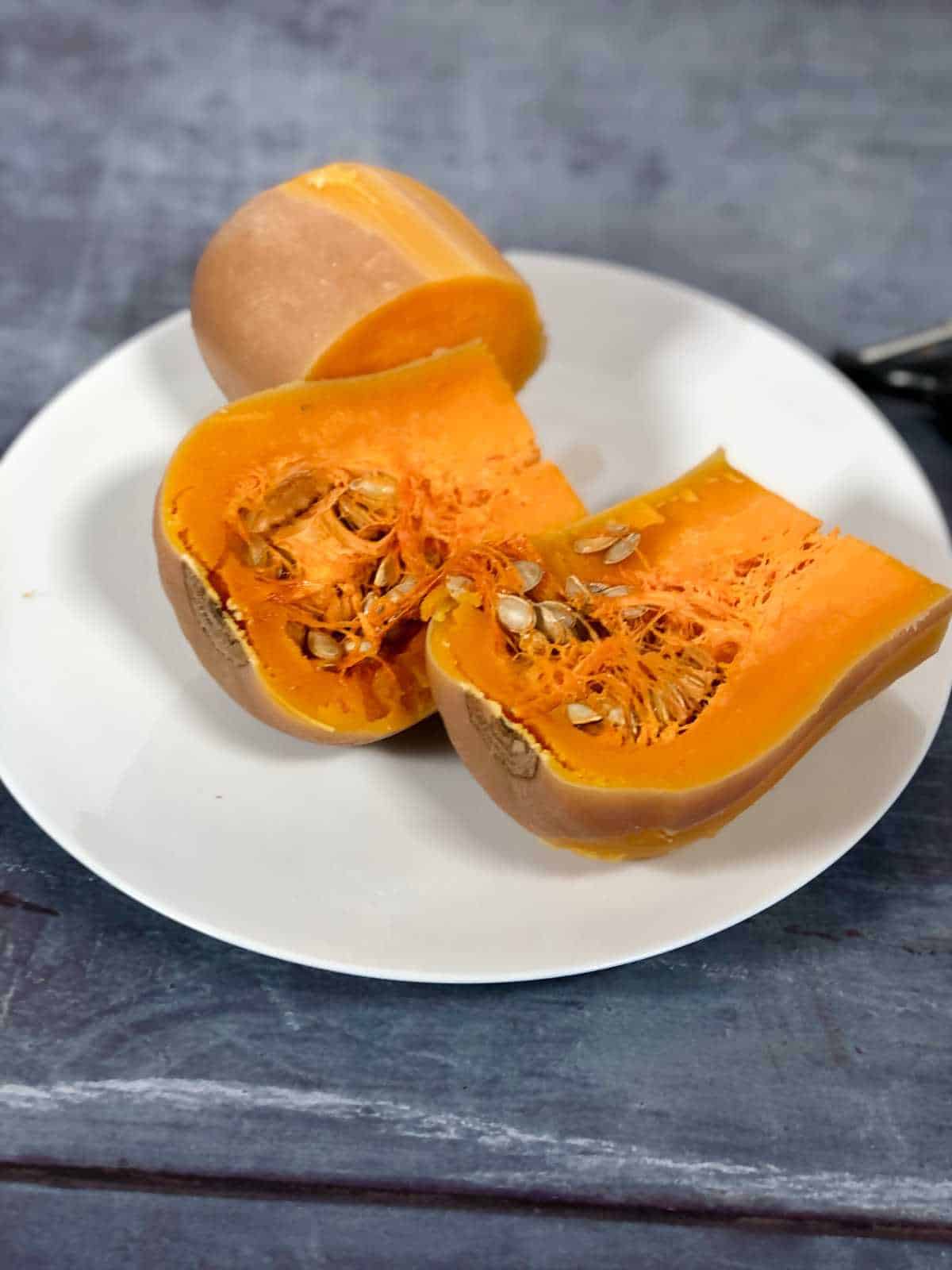Photo of a pressure cooked butternut squash cut into big chunks