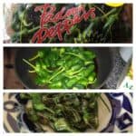 Collage photo with 3 photos: ones the padron peppers in their bag, then padron peppers in a frying pan, then served