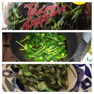 Collage photo with 3 photos: ones the padron peppers in their bag, then padron peppers in a frying pan, then served