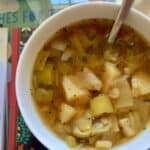 Photo of the Pressure Cooker Chunky Leek and Potato Soup seen from above inside a white bowl