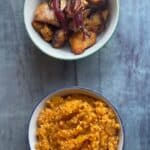 Photo of the Ninja Speedi Bulgur Pilaf and Chicken seen from above in their own separate bowls
