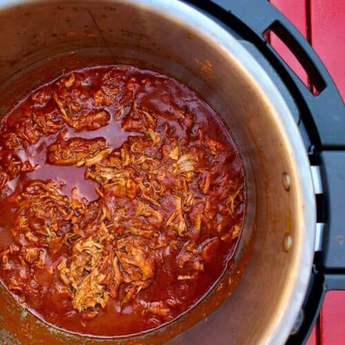 Image of the delicious BBQ Pulled pork seen from above inside an Instant Pot