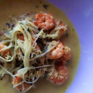Image of the noodles and prawns surrounded by delicious broth seen from above on a white plate