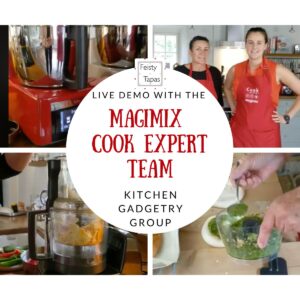 Photo collage with 4 photos taken from the video and the words Live demo with the Magimix Cook Expert Team Kitchen Gadgetry Group