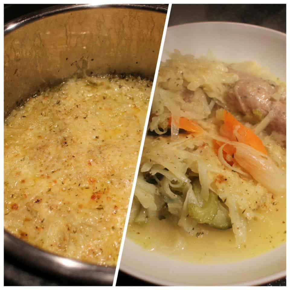 Photo collage made up of two photos of the sausage and apple casserole