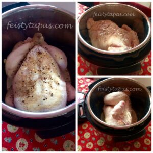Collage made up of three photos showing the chicken browning in different positions: breast up, breast down and on the side