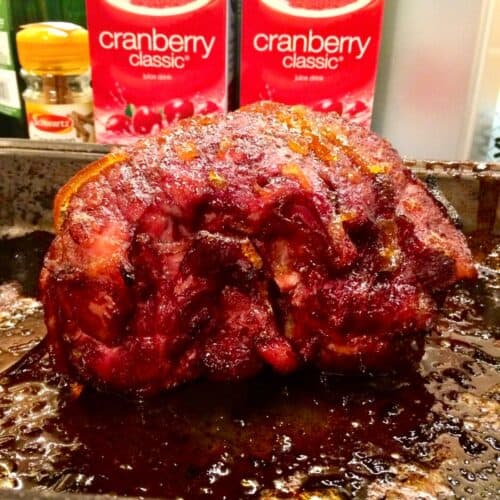 Ham cooked in cranberry juice after glazing