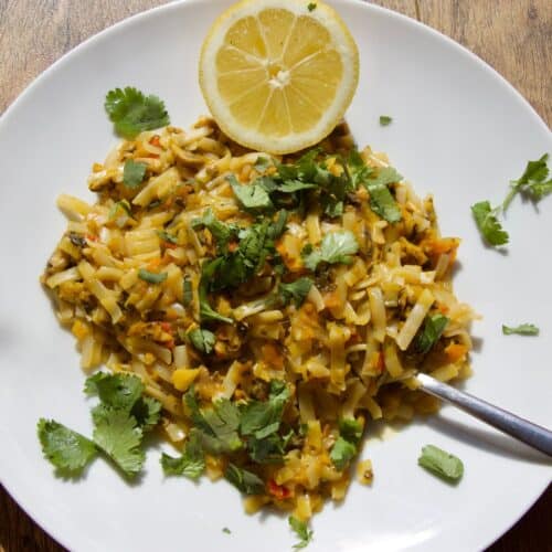 Noodles served on a white plate, sprinkled with fresh coriander
