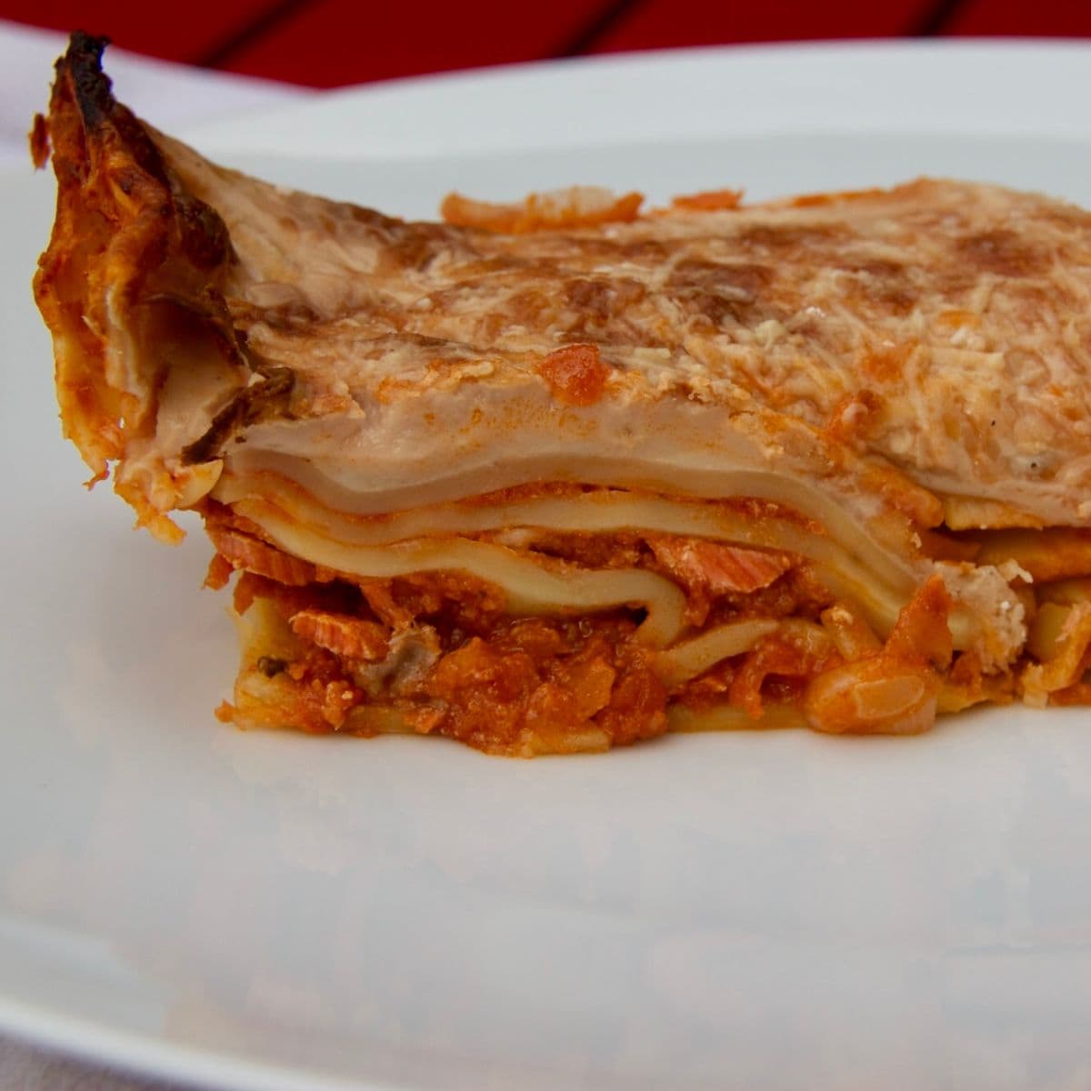 Close-up of a slice of Seafood Lasagne on a white plate, the layers clearly defined